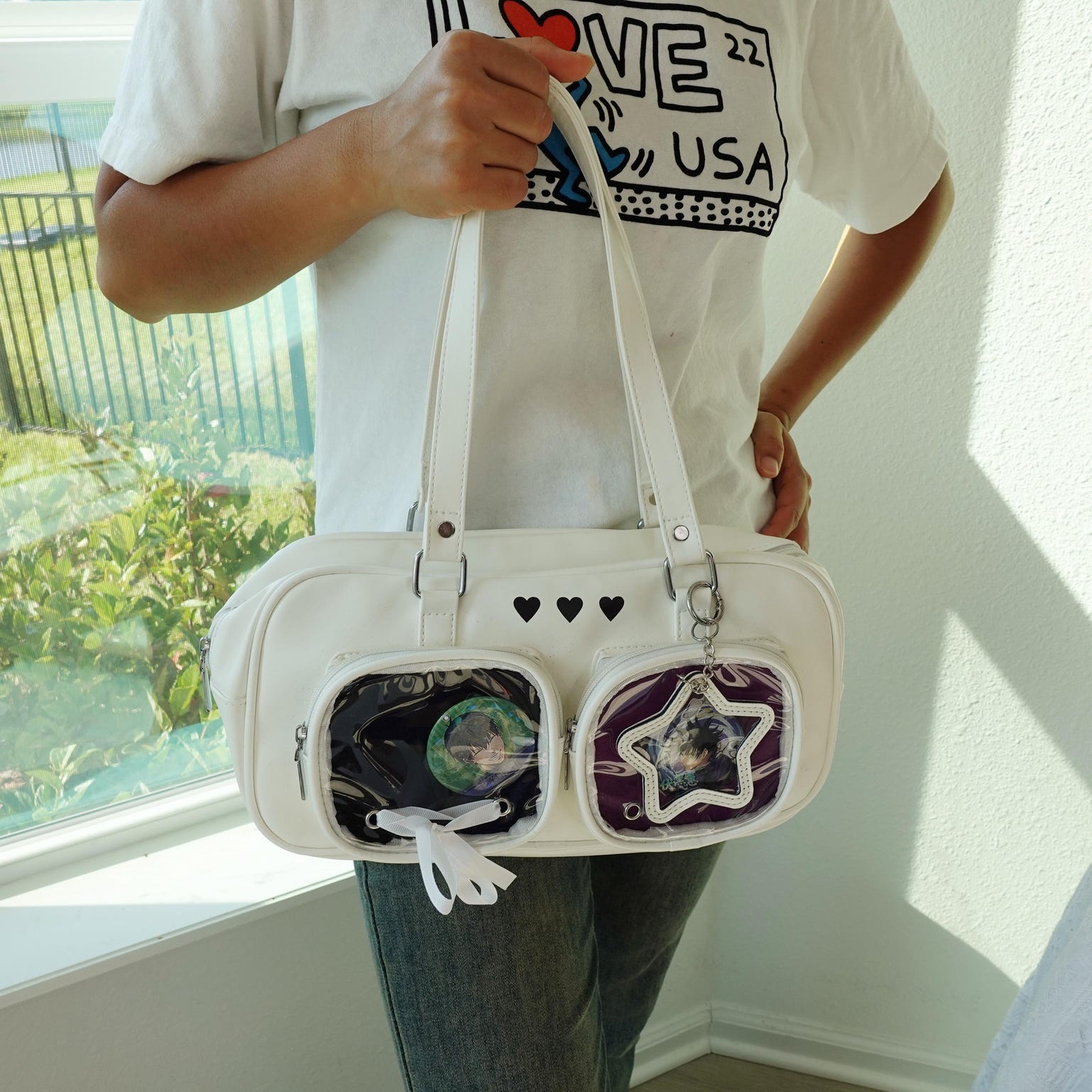 Kawaii Ita Shoulder Bag with Clear Window for Pin Display Kawaii Ita Shoulder Bag with Clear Window for Pin Display — crossbody ita bag detail view