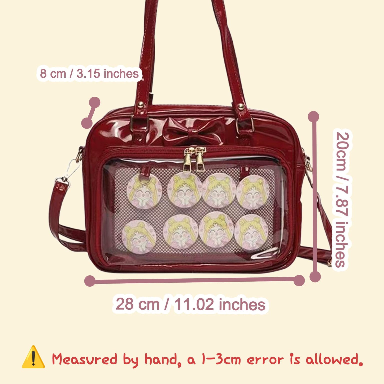 Kawaii Ita Shoulder Bag with Clear Window for Pin Display Kawaii Ita Shoulder Bag with Clear Window for Pin Display — crossbody ita bag detail view