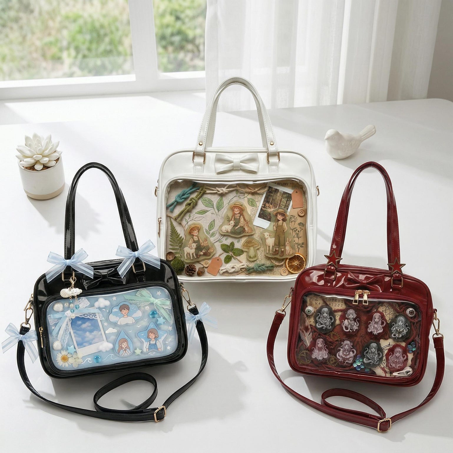 Kawaii Ita Shoulder Bag with Clear Window for Pin Display Kawaii Ita Shoulder Bag with Clear Window for Pin Display — crossbody ita bag detail view