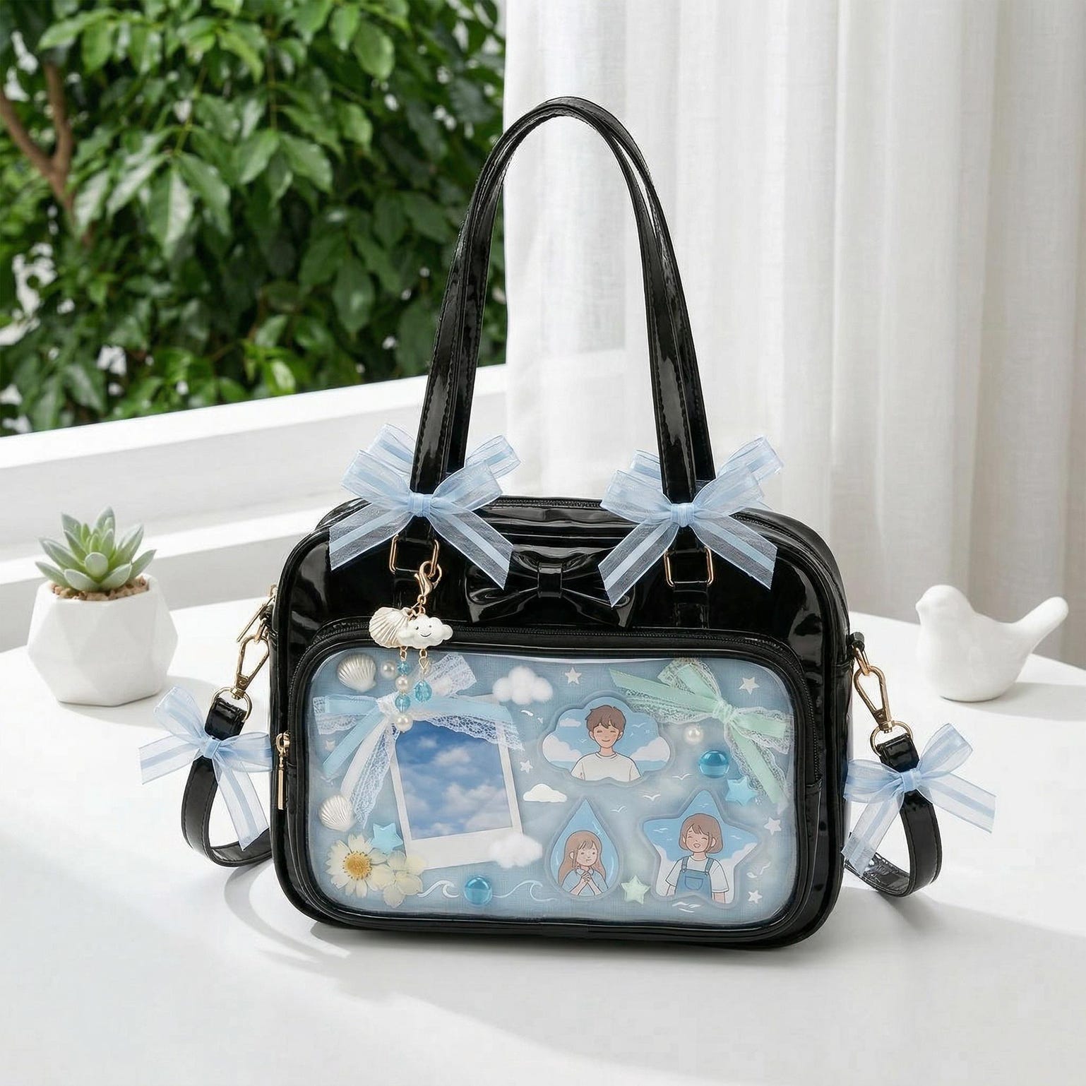Kawaii Ita Shoulder Bag with Clear Window for Pin Display Kawaii Ita Shoulder Bag with Clear Window for Pin Display — crossbody ita bag detail view