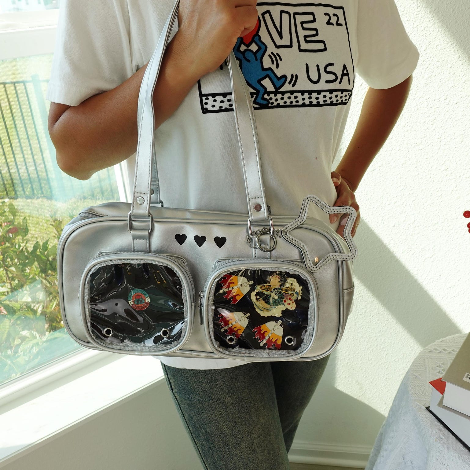 Kawaii Ita Shoulder Bag with Clear Window for Pin Display Kawaii Ita Shoulder Bag with Clear Window for Pin Display — crossbody ita bag detail view