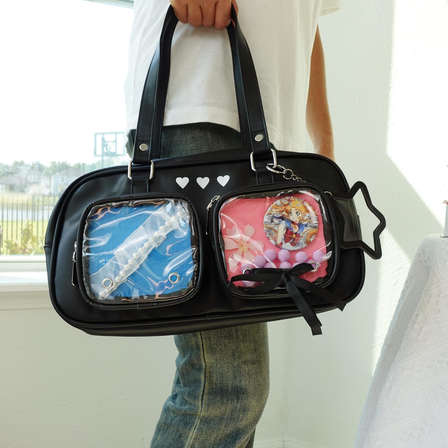 Kawaii Ita Shoulder Bag with Clear Window for Pin Display Kawaii Ita Shoulder Bag with Clear Window for Pin Display — crossbody ita bag detail view