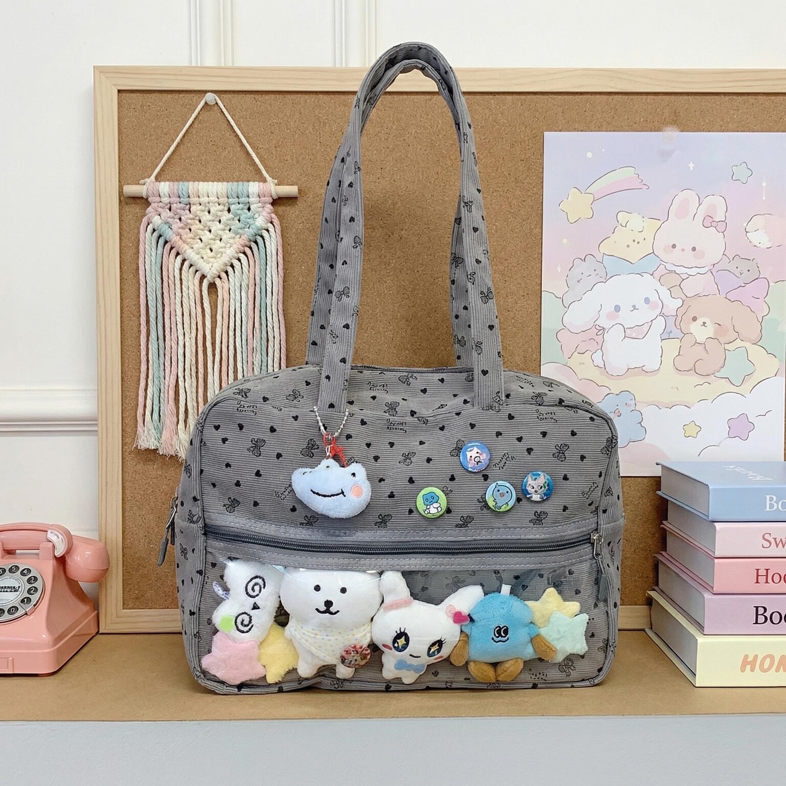 Kawaii Ita Shoulder Bag with Clear Window for Plushies and Pins Kawaii Ita Shoulder Bag with Clear Window for Plushies and Pins — crossbody ita bag detail view