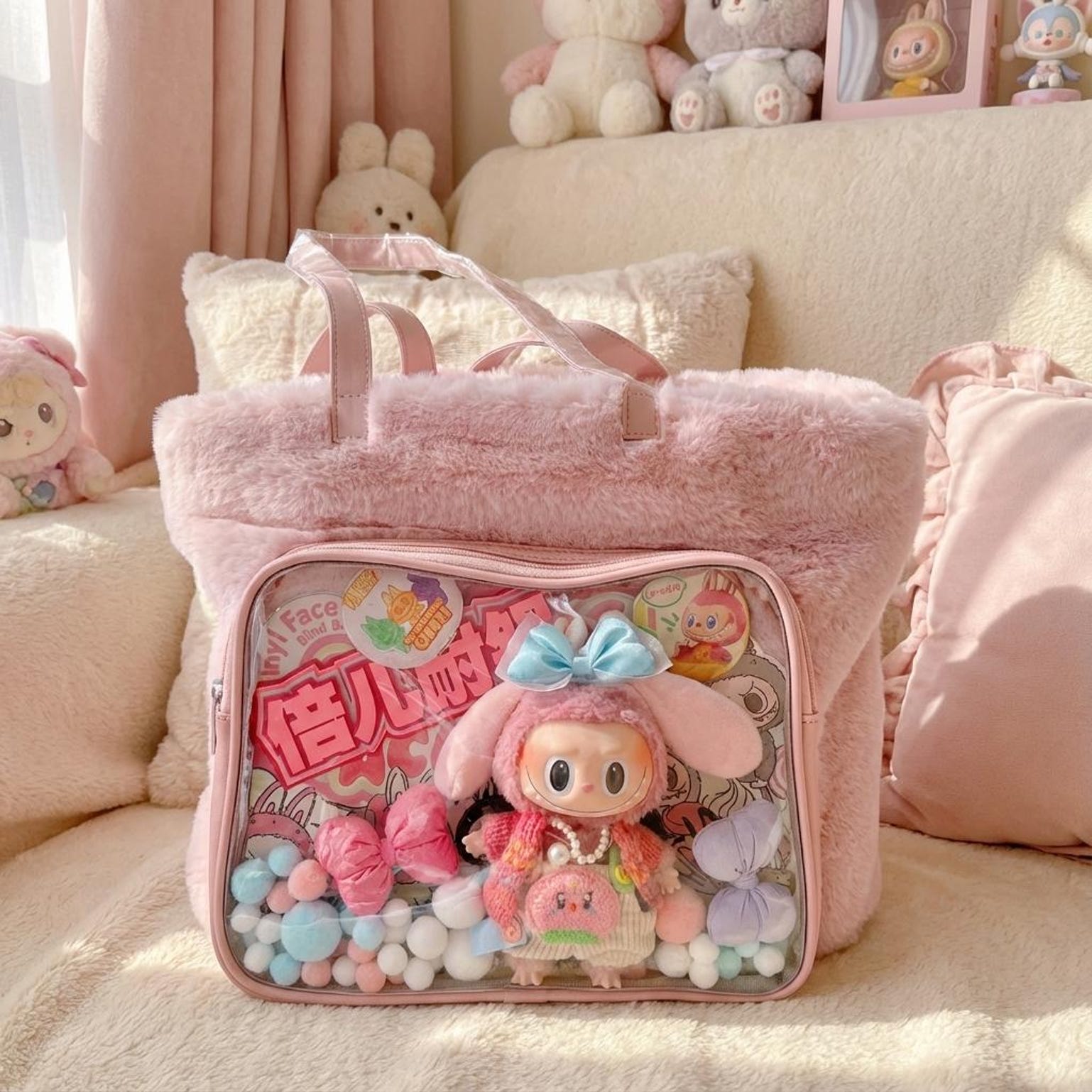 Kawaii Ita Shoulder Bag with Clear Window for Plushies and Pins Kawaii Ita Shoulder Bag with Clear Window for Plushies and Pins — crossbody ita bag detail view