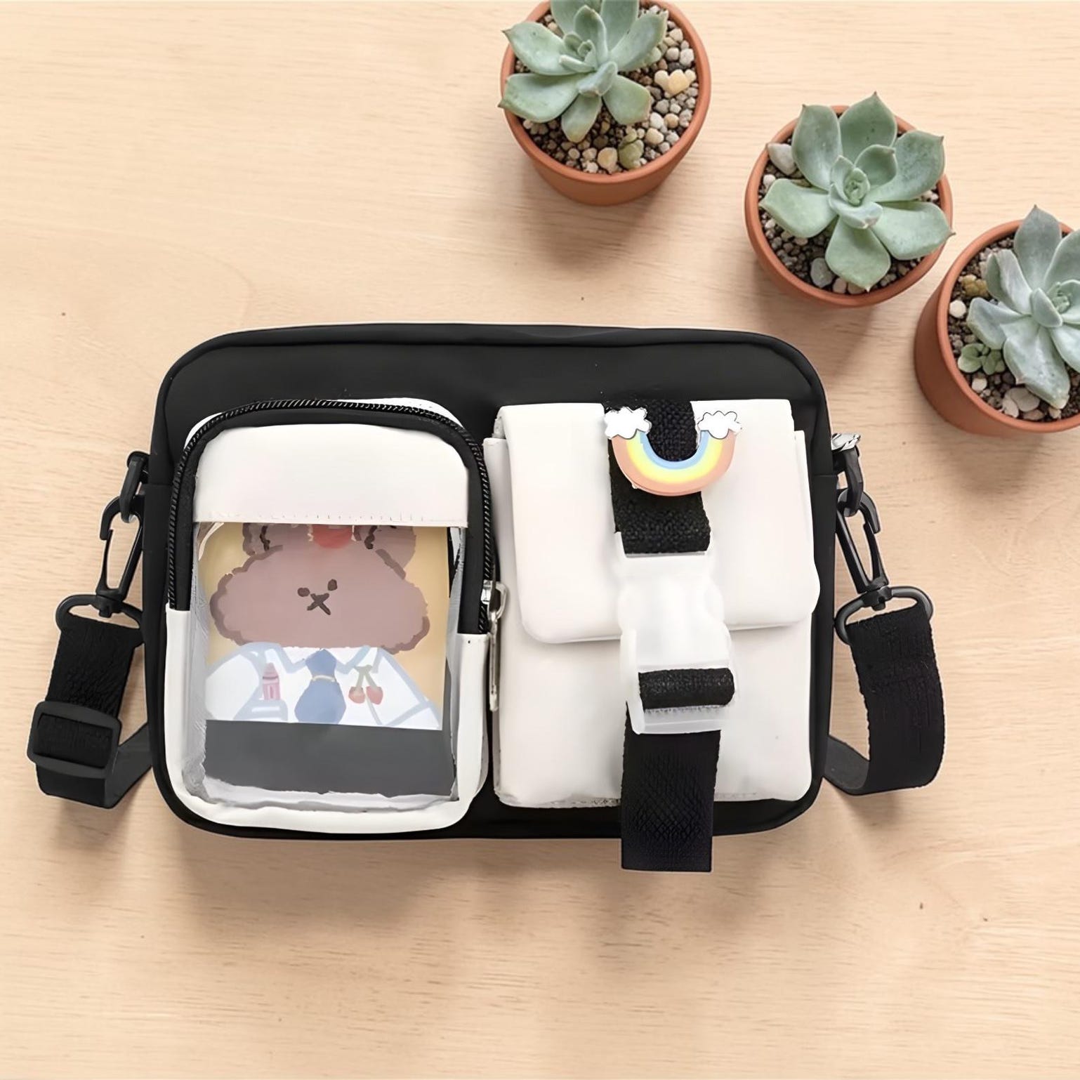 Kawaii Ita Shoulder Bag with Clear Window for Plushies and Pins Kawaii Ita Shoulder Bag with Clear Window for Plushies and Pins — crossbody ita bag detail view