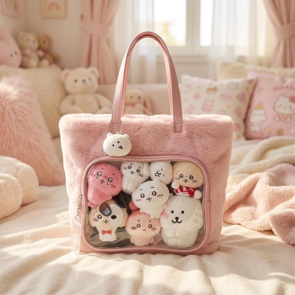 Kawaii Ita Shoulder Bag with Clear Window for Plushies and Pins — crossbody ita bag detail view