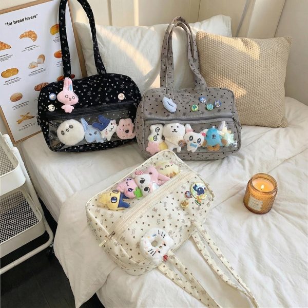 Kawaii Ita Shoulder Bag with Clear Window for Plushies and Pins — crossbody ita bag detail view