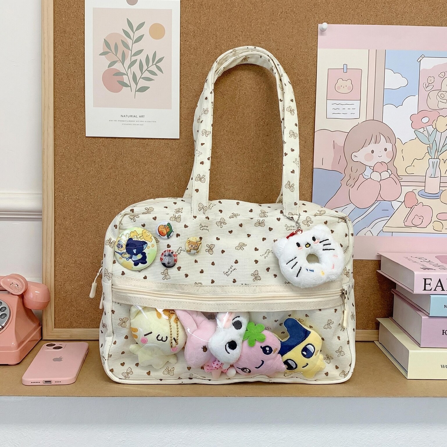 Kawaii Ita Shoulder Bag with Clear Window for Plushies and Pins Kawaii Ita Shoulder Bag with Clear Window for Plushies and Pins — crossbody ita bag detail view