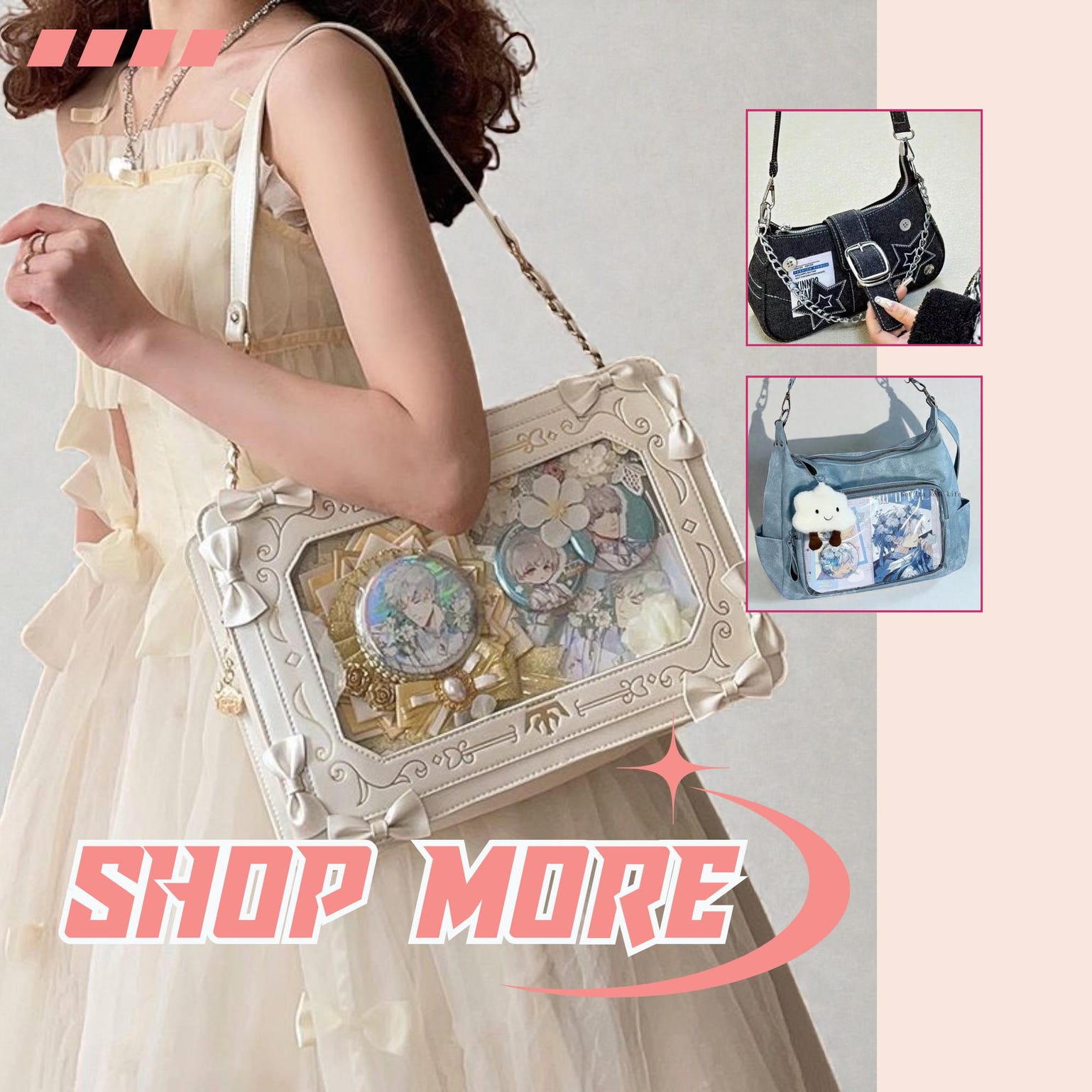 Kawaii Ita Shoulder Bag with Clear Window for Plushies and Pins Kawaii Ita Shoulder Bag with Clear Window for Plushies and Pins — crossbody ita bag detail view