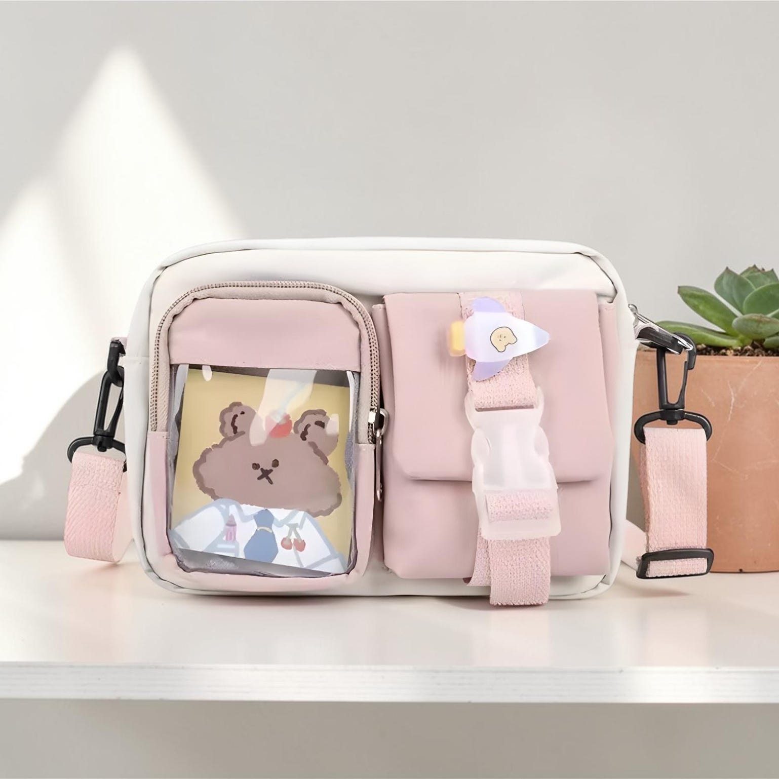 Kawaii Ita Shoulder Bag with Clear Window for Plushies and Pins Kawaii Ita Shoulder Bag with Clear Window for Plushies and Pins — crossbody ita bag detail view