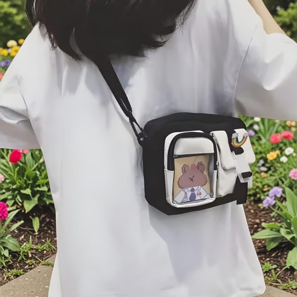 Kawaii Ita Shoulder Bag with Clear Window for Plushies and Pins — crossbody ita bag detail view
