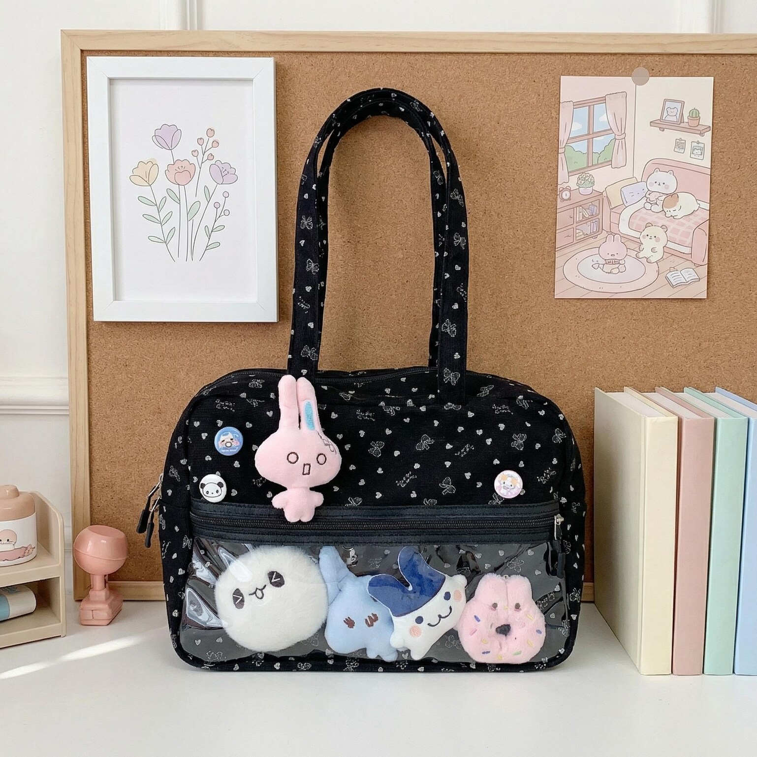 Kawaii Ita Shoulder Bag with Clear Window for Plushies and Pins Kawaii Ita Shoulder Bag with Clear Window for Plushies and Pins — crossbody ita bag detail view