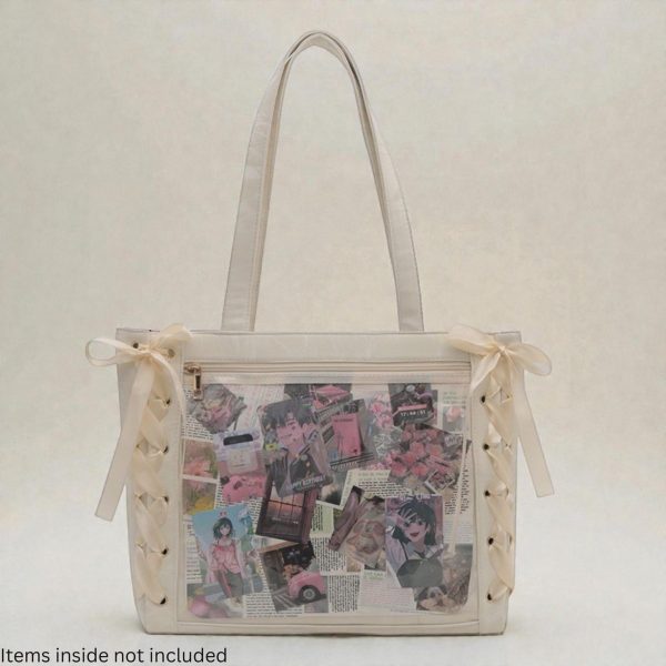 Kawaii Ita Shoulder Bag with Clear Window for Plushies and Pins — crossbody ita bag detail view