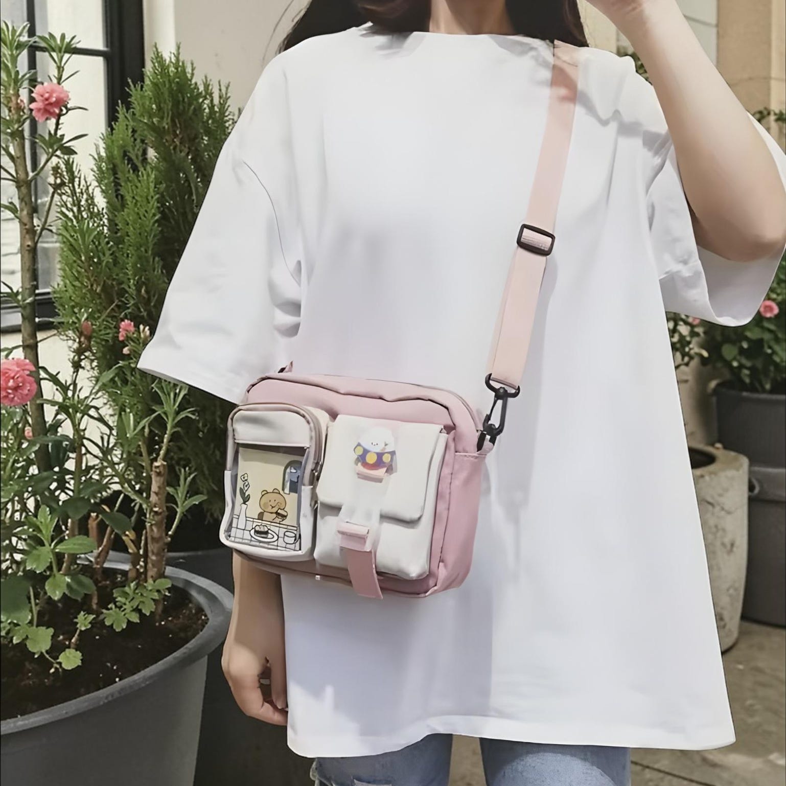 Kawaii Ita Shoulder Bag with Clear Window for Plushies and Pins Kawaii Ita Shoulder Bag with Clear Window for Plushies and Pins — crossbody ita bag detail view