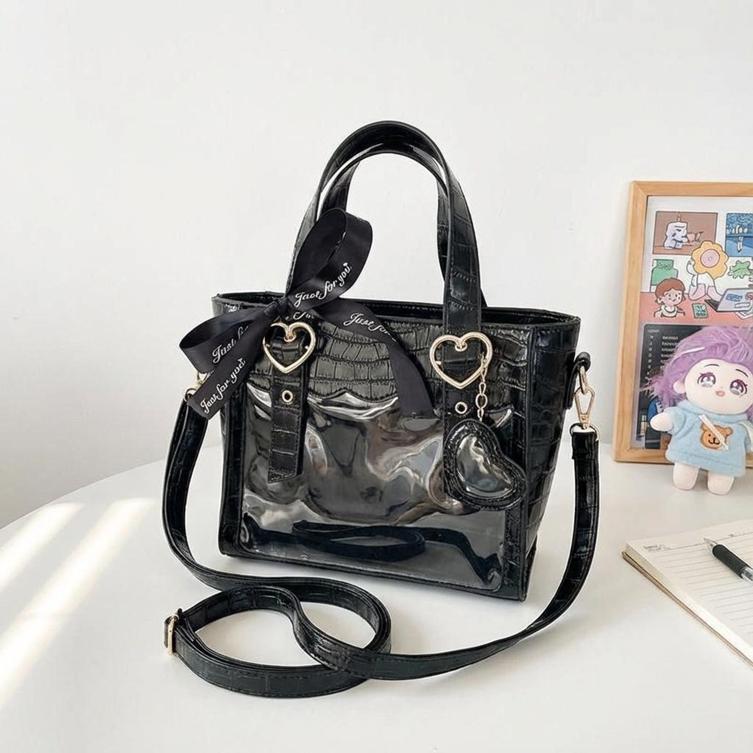 Kawaii Ita Tote Bag with Clear Window for Plushies and Pins Kawaii Ita Tote Bag with Clear Window for Plushies and Pins — ita tote bag detail view