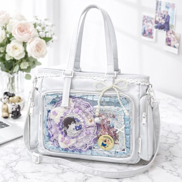 Kawaii Lace Ita Crossbody Bag with Clear Window for Plushies and Pins — crossbody ita bag detail view