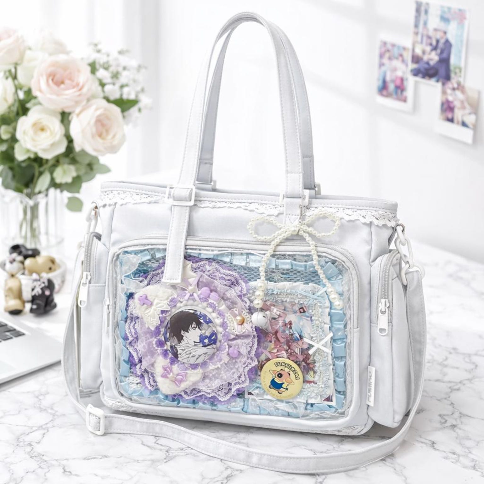 Kawaii Lace Ita Crossbody Bag with Clear Window for Plushies and Pins Kawaii Lace Ita Crossbody Bag with Clear Window for Plushies and Pins — crossbody ita bag detail view