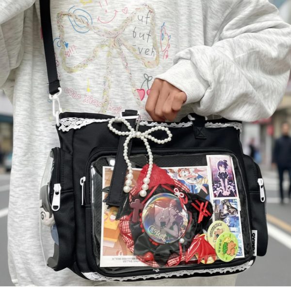 Kawaii Lace Ita Crossbody Bag with Clear Window for Plushies and Pins — crossbody ita bag detail view