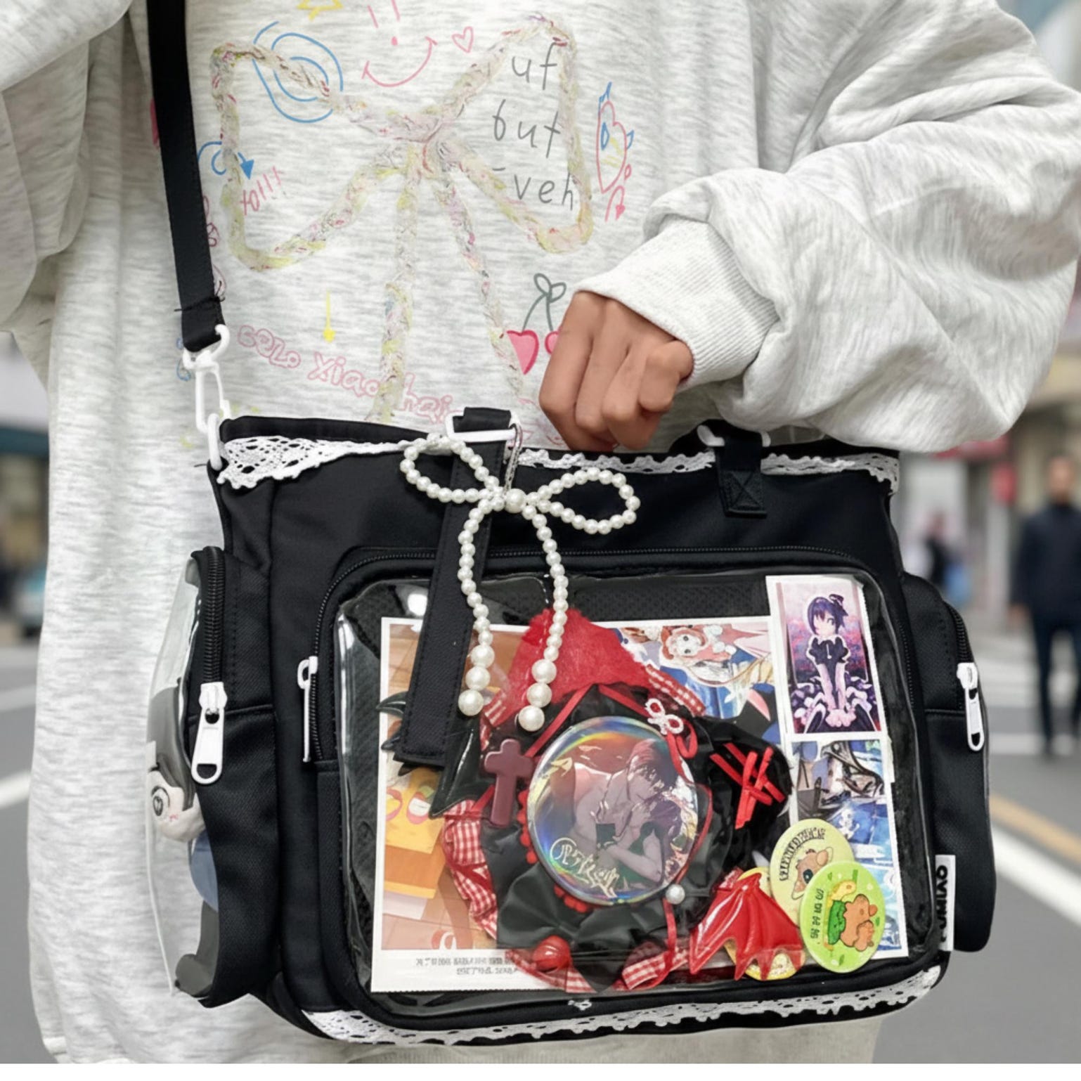 Kawaii Lace Ita Crossbody Bag with Clear Window for Plushies and Pins Kawaii Lace Ita Crossbody Bag with Clear Window for Plushies and Pins — crossbody ita bag detail view