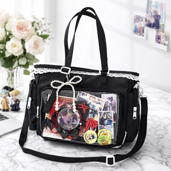 Kawaii Lace Ita Crossbody Bag with Clear Window for Plushies and Pins — crossbody ita bag detail view