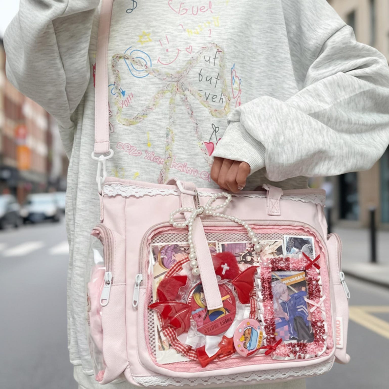 Kawaii Lace Ita Crossbody Bag with Clear Window for Plushies and Pins Kawaii Lace Ita Crossbody Bag with Clear Window for Plushies and Pins — crossbody ita bag detail view