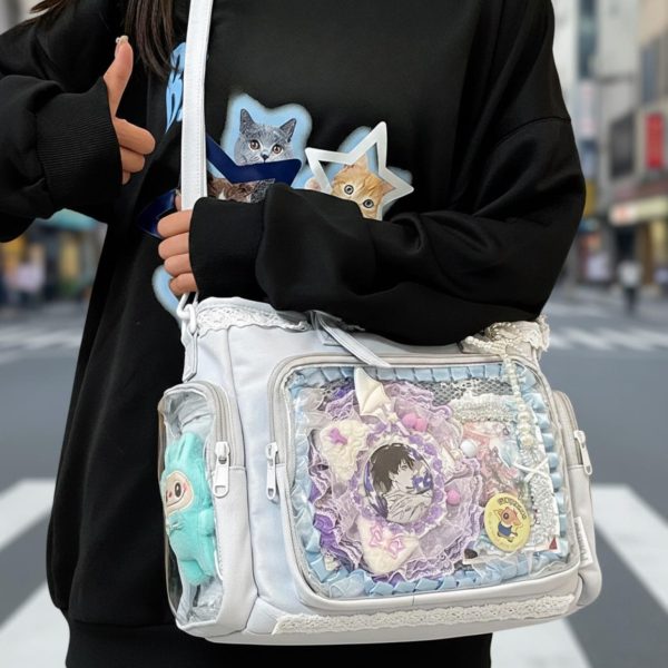 Kawaii Lace Ita Crossbody Bag with Clear Window for Plushies and Pins — crossbody ita bag detail view