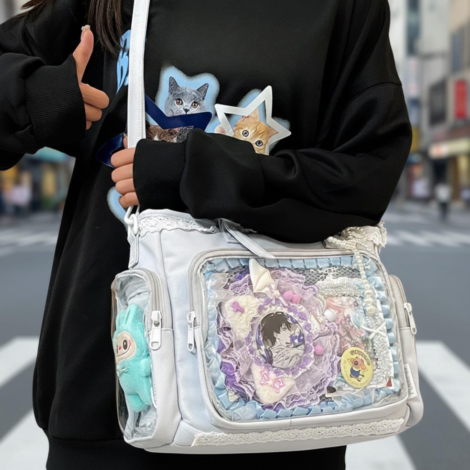 Kawaii Lace Ita Crossbody Bag with Clear Window for Plushies and Pins Kawaii Lace Ita Crossbody Bag with Clear Window for Plushies and Pins — crossbody ita bag detail view