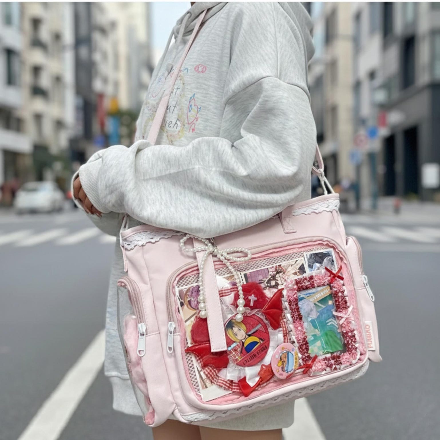 Kawaii Lace Ita Crossbody Bag with Clear Window for Plushies and Pins Kawaii Lace Ita Crossbody Bag with Clear Window for Plushies and Pins — crossbody ita bag detail view