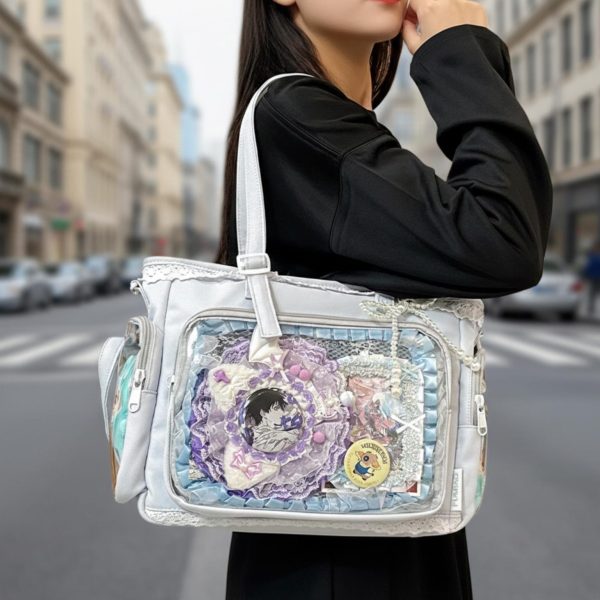 Kawaii Lace Ita Crossbody Bag with Clear Window for Plushies and Pins — crossbody ita bag detail view