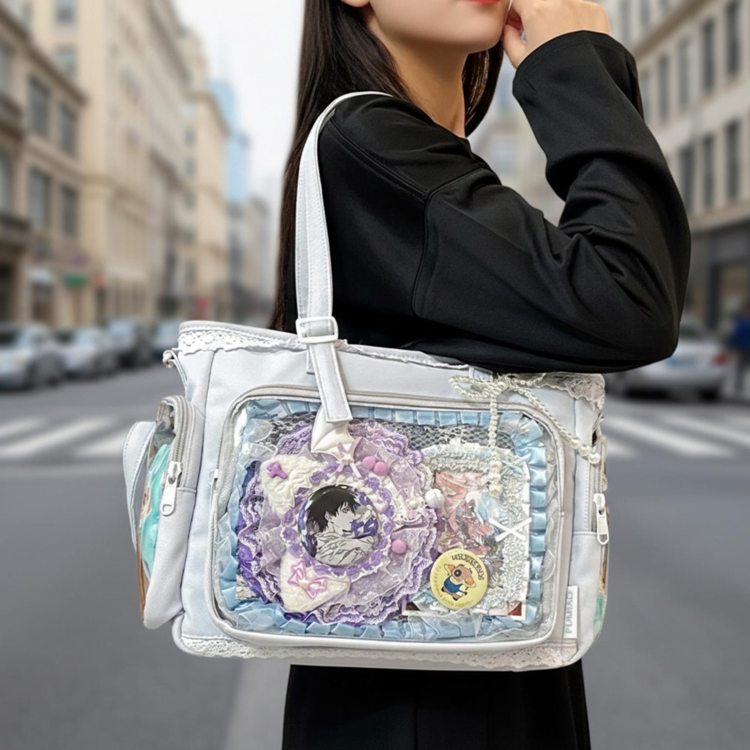 Kawaii Lace Ita Crossbody Bag with Clear Window for Plushies and Pins Kawaii Lace Ita Crossbody Bag with Clear Window for Plushies and Pins — crossbody ita bag detail view