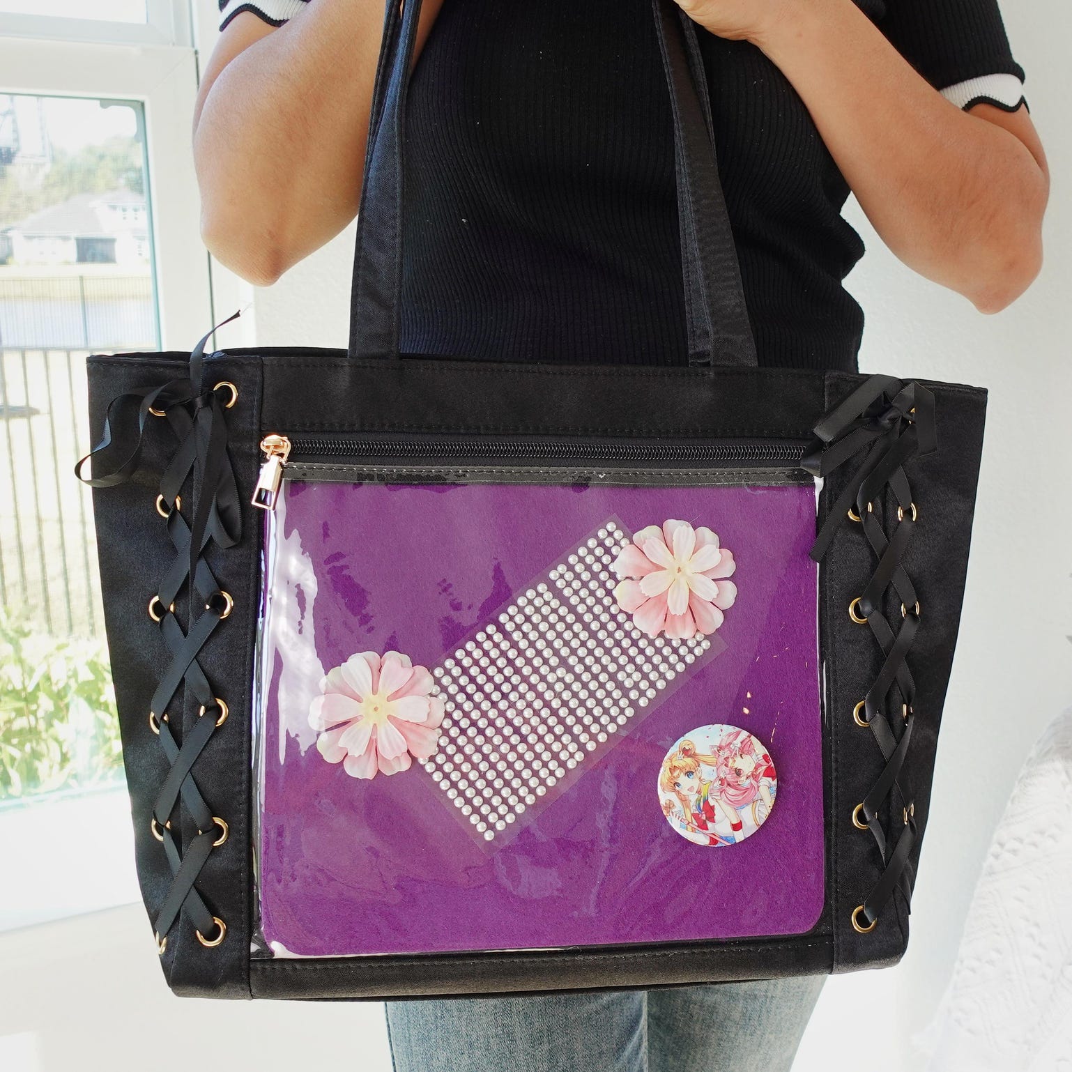 Kawaii Lace Ita Tote Bag with Clear Window for Pin Display Kawaii Lace Ita Tote Bag with Clear Window for Pin Display — ita tote bag with clear display window