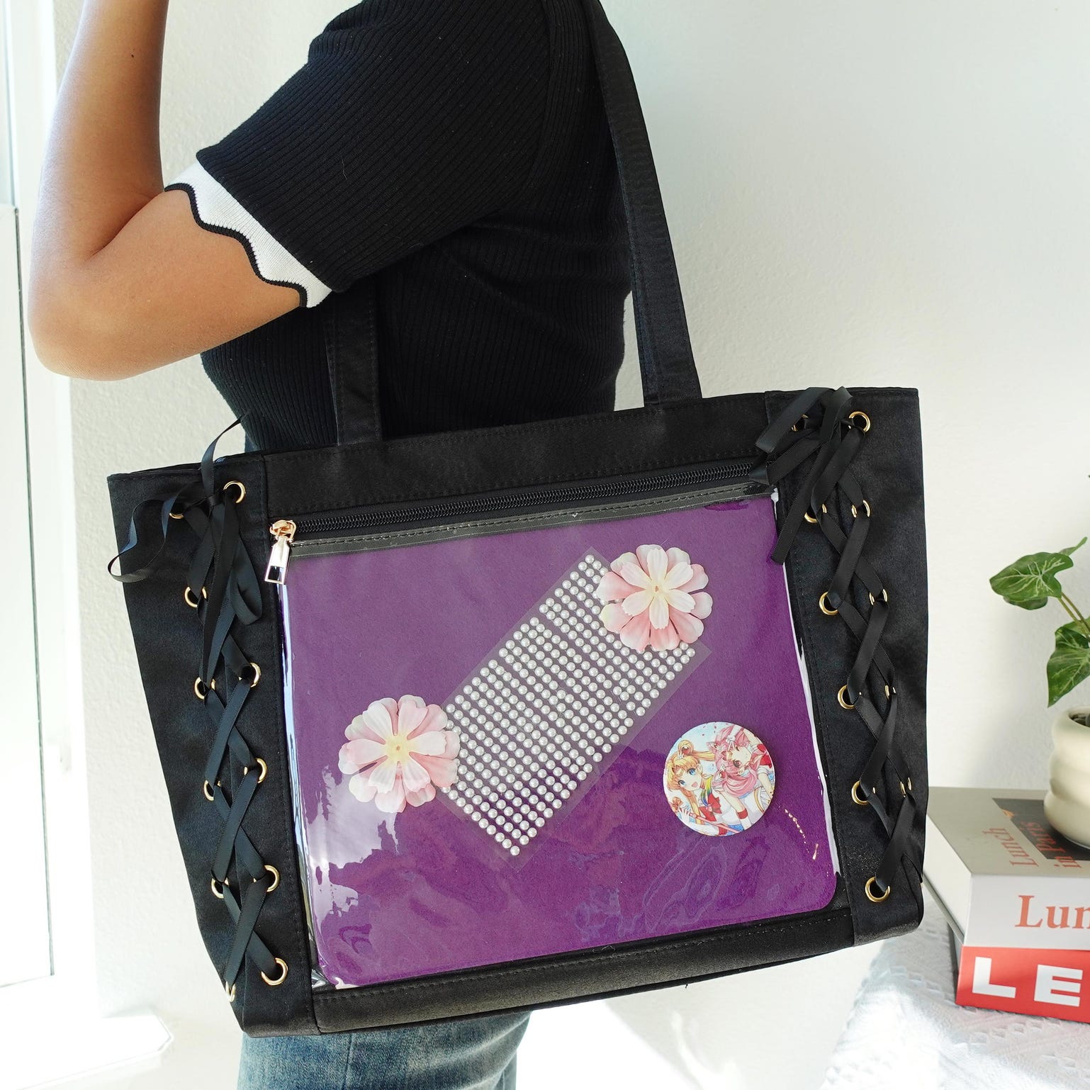 Kawaii Lace Ita Tote Bag with Clear Window for Pin Display Kawaii Lace Ita Tote Bag with Clear Window for Pin Display — ita tote bag detail view