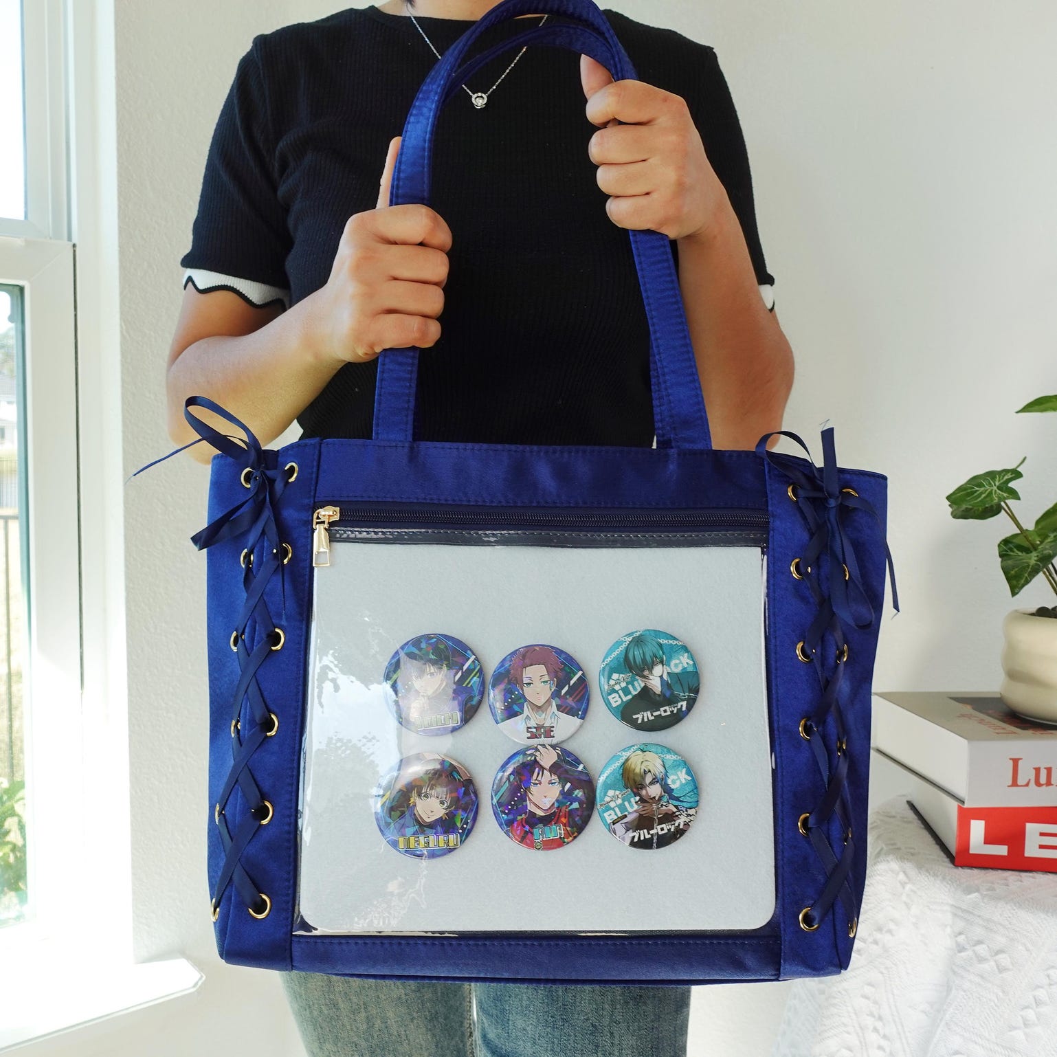 Kawaii Lace Ita Tote Bag with Clear Window for Pin Display Kawaii Lace Ita Tote Bag with Clear Window for Pin Display — ita tote bag detail view