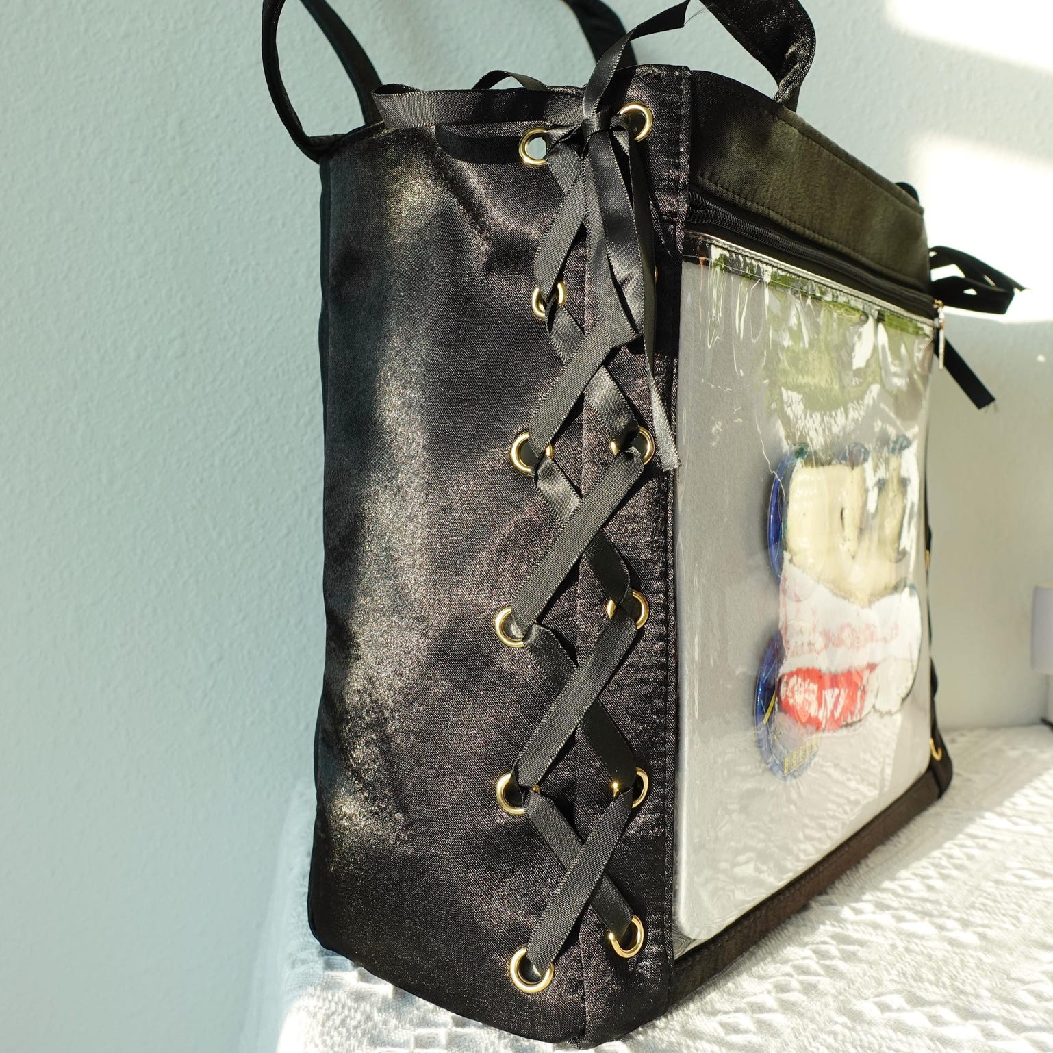 Kawaii Lace Ita Tote Bag with Clear Window for Pin Display Kawaii Lace Ita Tote Bag with Clear Window for Pin Display — ita tote bag detail view