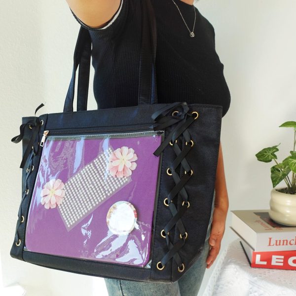 Kawaii Lace Ita Tote Bag with Clear Window for Pin Display — ita tote bag detail view