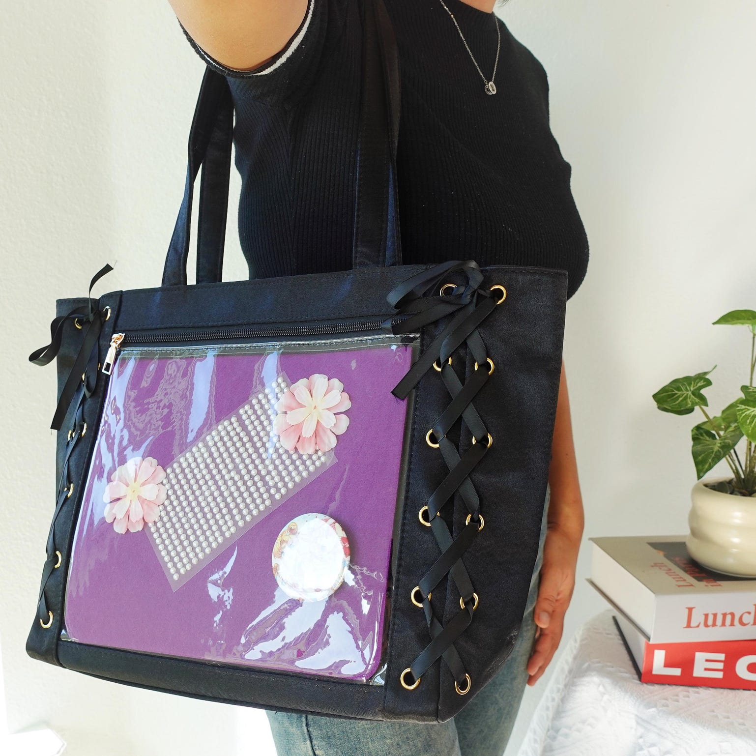 Kawaii Lace Ita Tote Bag with Clear Window for Pin Display Kawaii Lace Ita Tote Bag with Clear Window for Pin Display — ita tote bag detail view