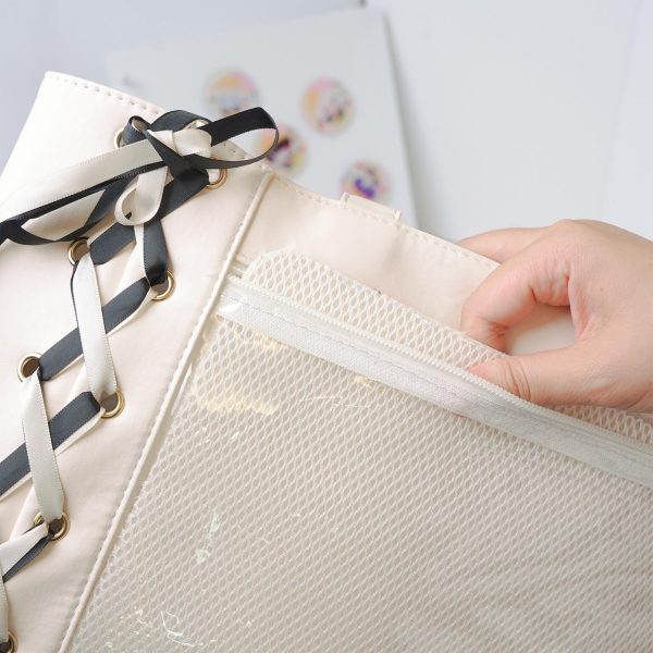 Kawaii Ribbon Ita Shoulder Bag with Clear Window for Pin Display — crossbody ita bag detail view