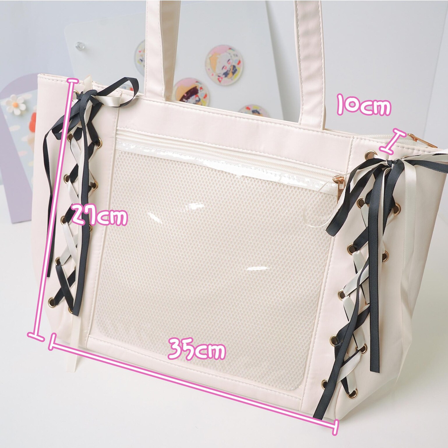 Kawaii Ribbon Ita Shoulder Bag with Clear Window for Pin Display Kawaii Ribbon Ita Shoulder Bag with Clear Window for Pin Display — crossbody ita bag detail view