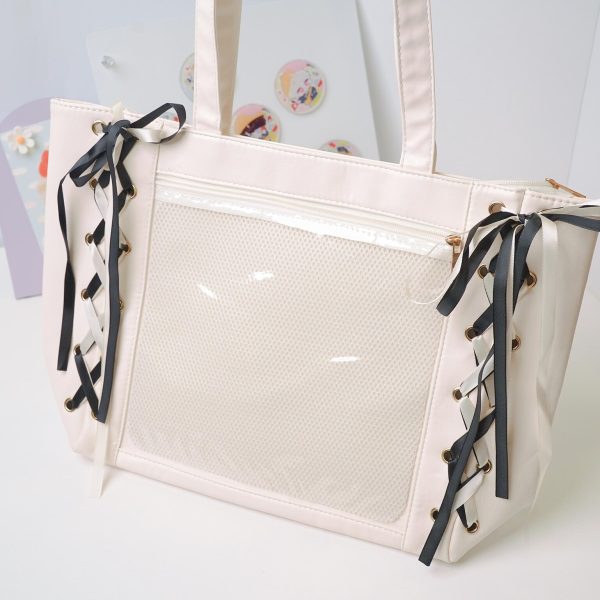 Kawaii Ribbon Ita Shoulder Bag with Clear Window for Pin Display — crossbody ita bag detail view