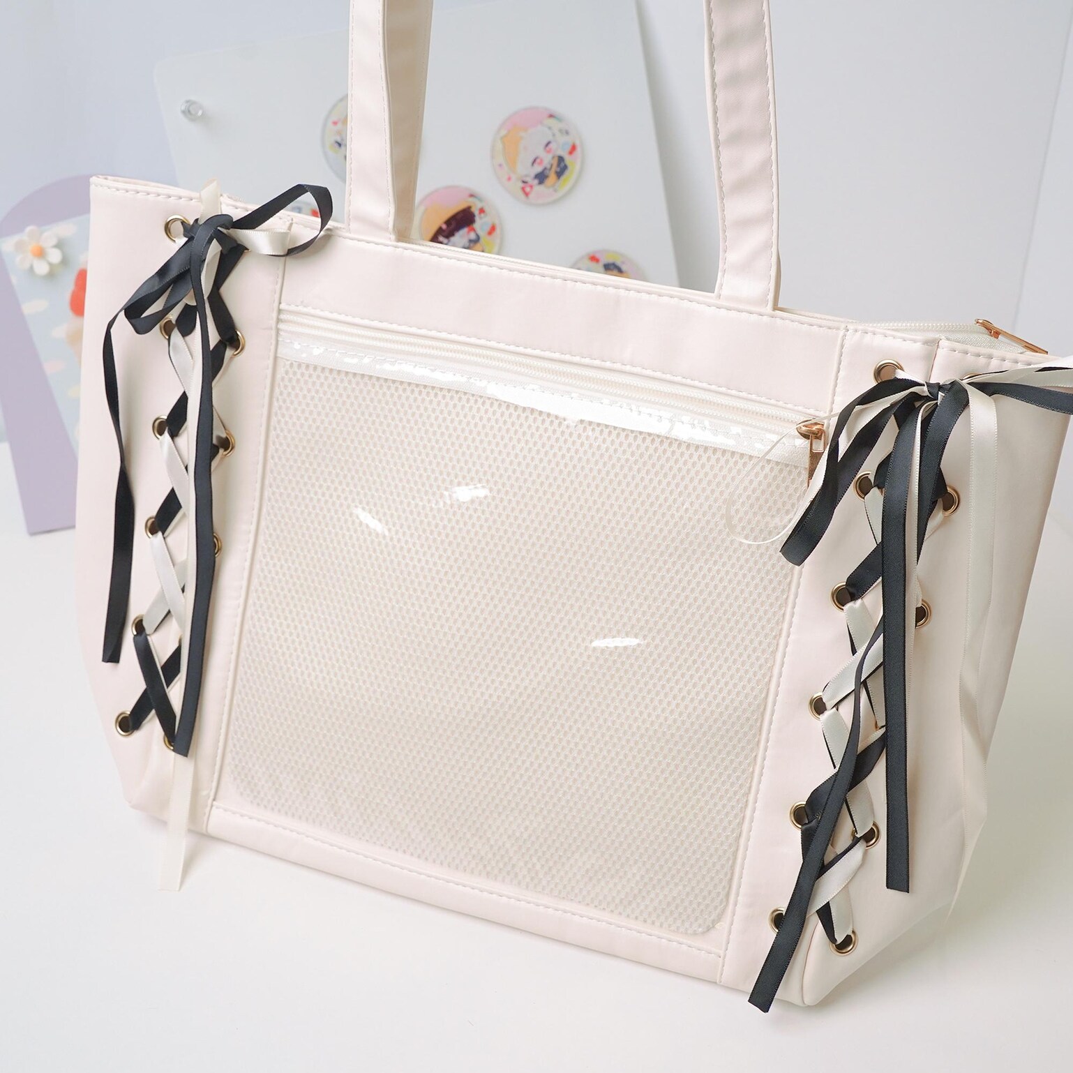 Kawaii Ribbon Ita Shoulder Bag with Clear Window for Pin Display Kawaii Ribbon Ita Shoulder Bag with Clear Window for Pin Display — crossbody ita bag detail view
