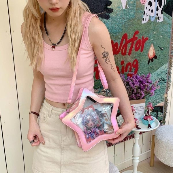 Kawaii Star Ita Crossbody Bag with Clear Window for Pin Display — crossbody ita bag detail view