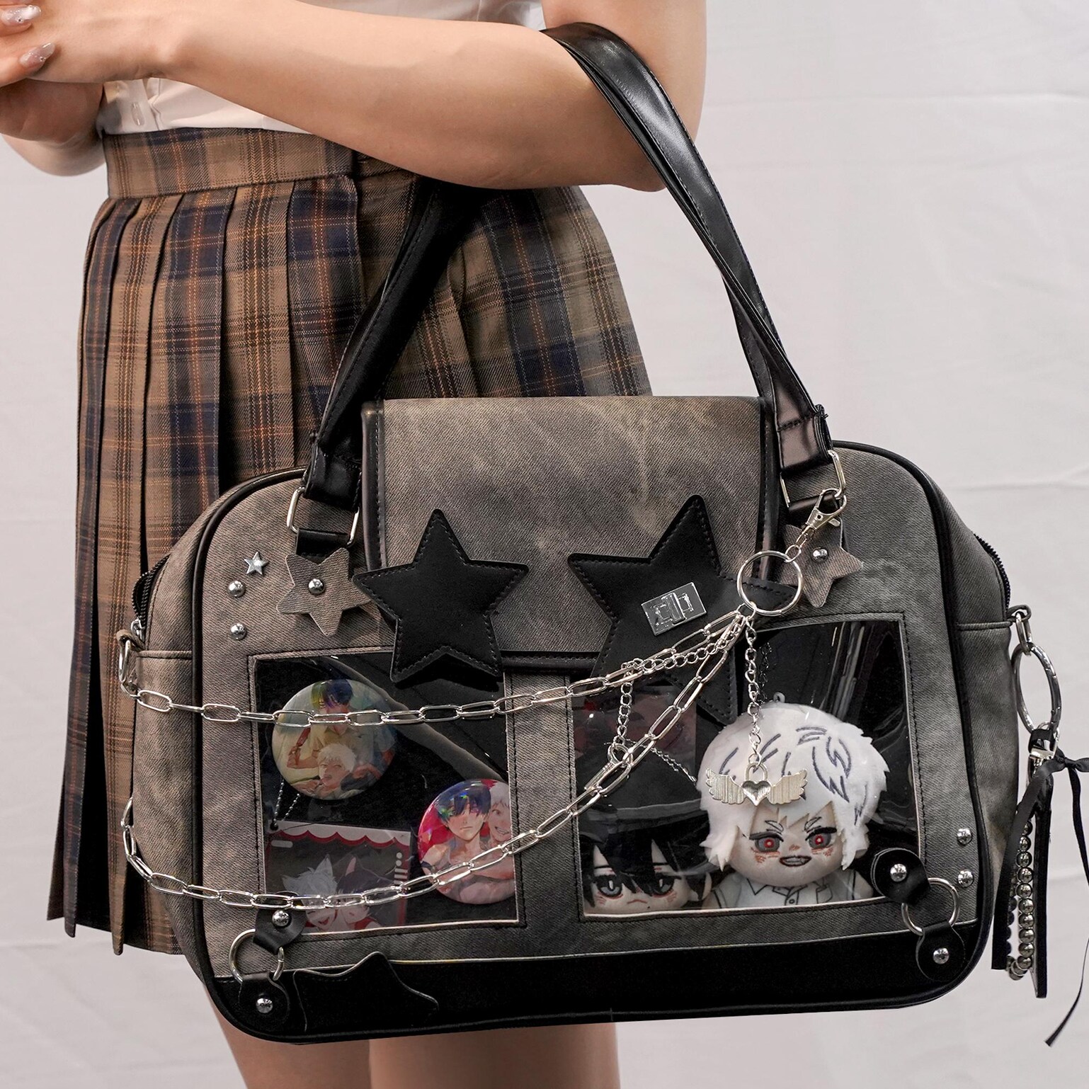 Kawaii Y2K Ita Messenger Bag with Clear Window for Plushies and Pins Kawaii Y2K Ita Messenger Bag with Clear Window for Plushies and Pins — ita bag detail view