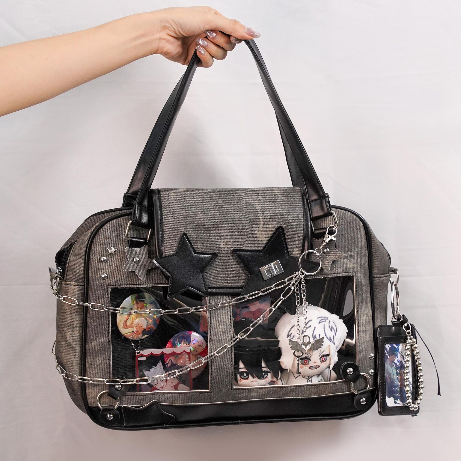 Kawaii Y2K Ita Messenger Bag with Clear Window for Plushies and Pins Kawaii Y2K Ita Messenger Bag with Clear Window for Plushies and Pins — ita bag detail view