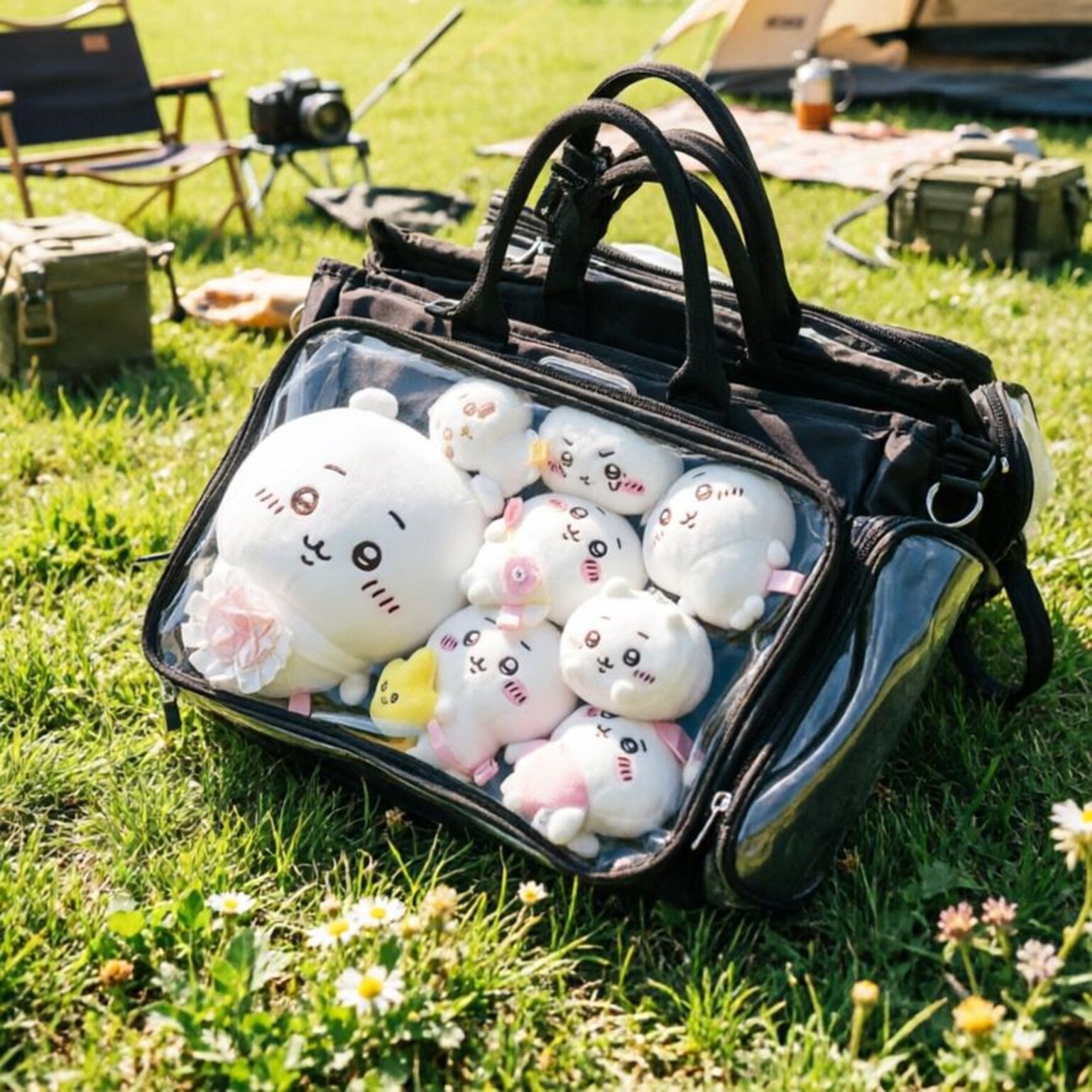 Large Black Convertible Ita Bag with Clear Window for Plushies and Pins Large Black Convertible Ita Bag with Clear Window for Plushies and Pins — ita bag detail view