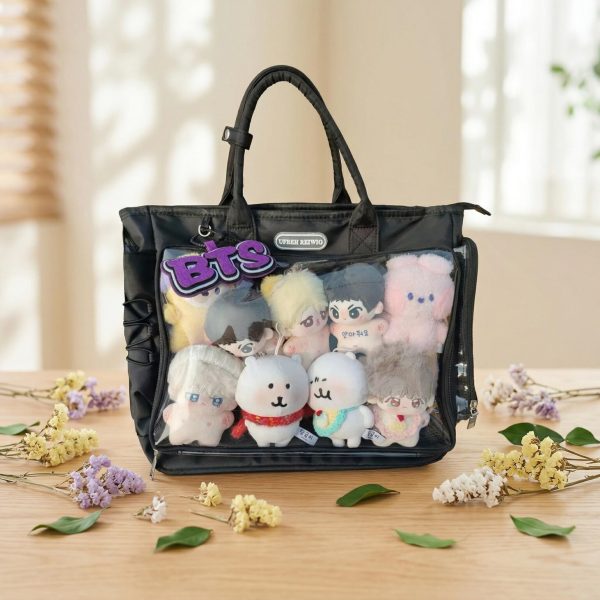 Large Black Convertible Ita Bag with Clear Window for Plushies and Pins — ita bag detail view