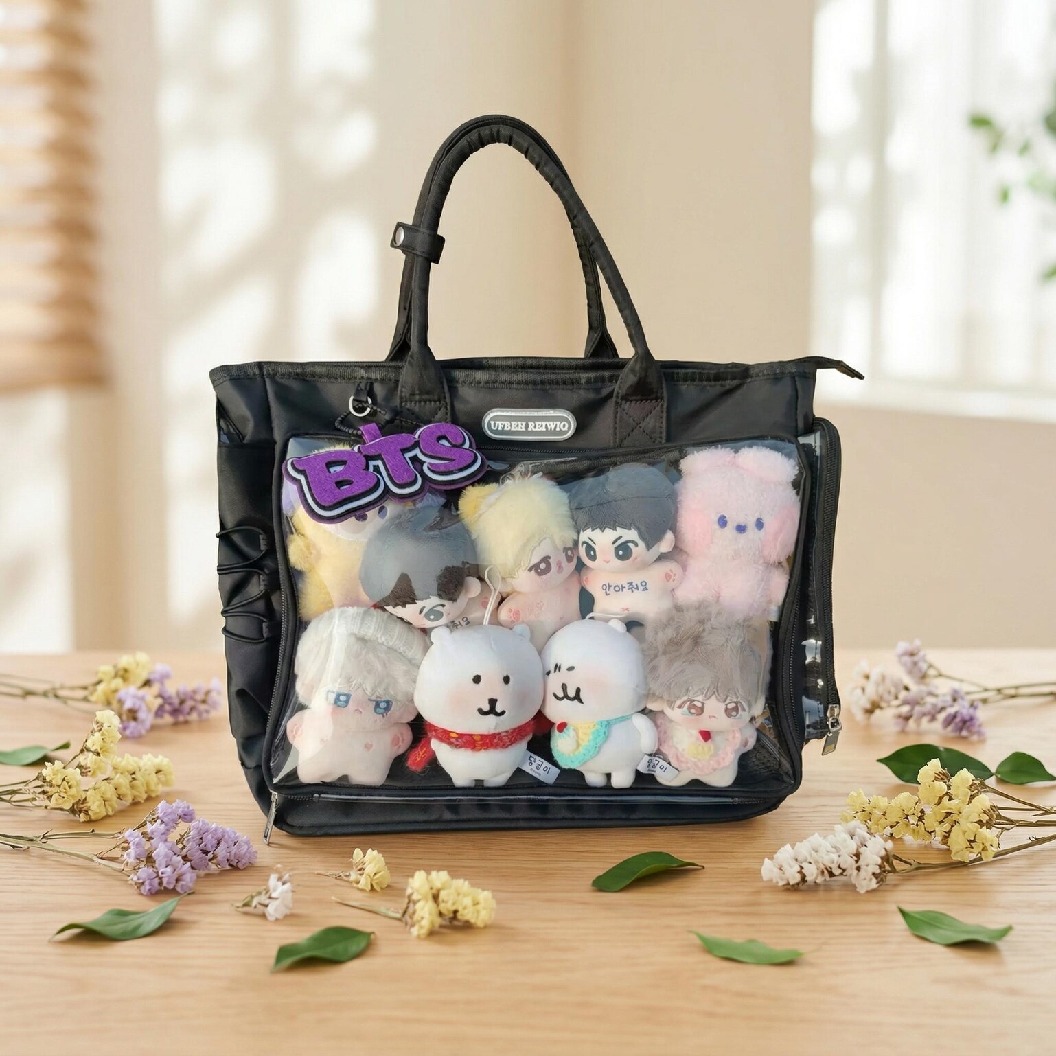 Large Black Convertible Ita Bag with Clear Window for Plushies and Pins Large Black Convertible Ita Bag with Clear Window for Plushies and Pins — ita bag detail view