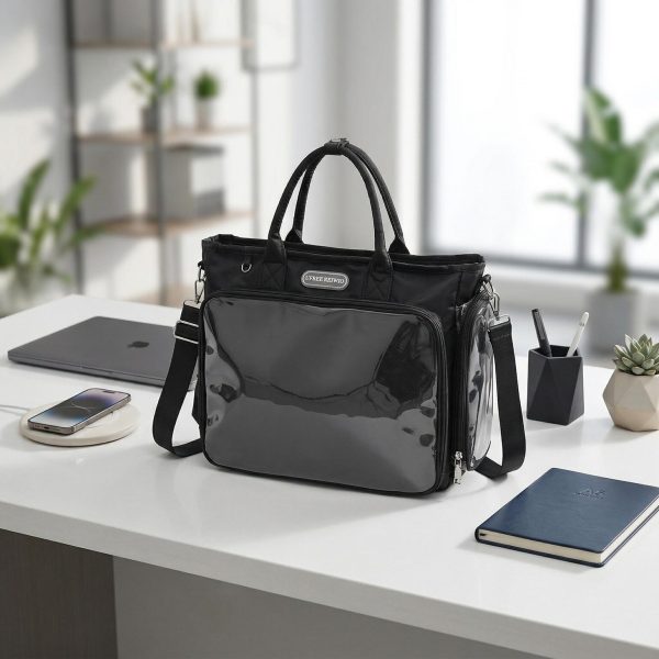 Large Black Convertible Ita Bag with Clear Window for Plushies and Pins — ita bag detail view
