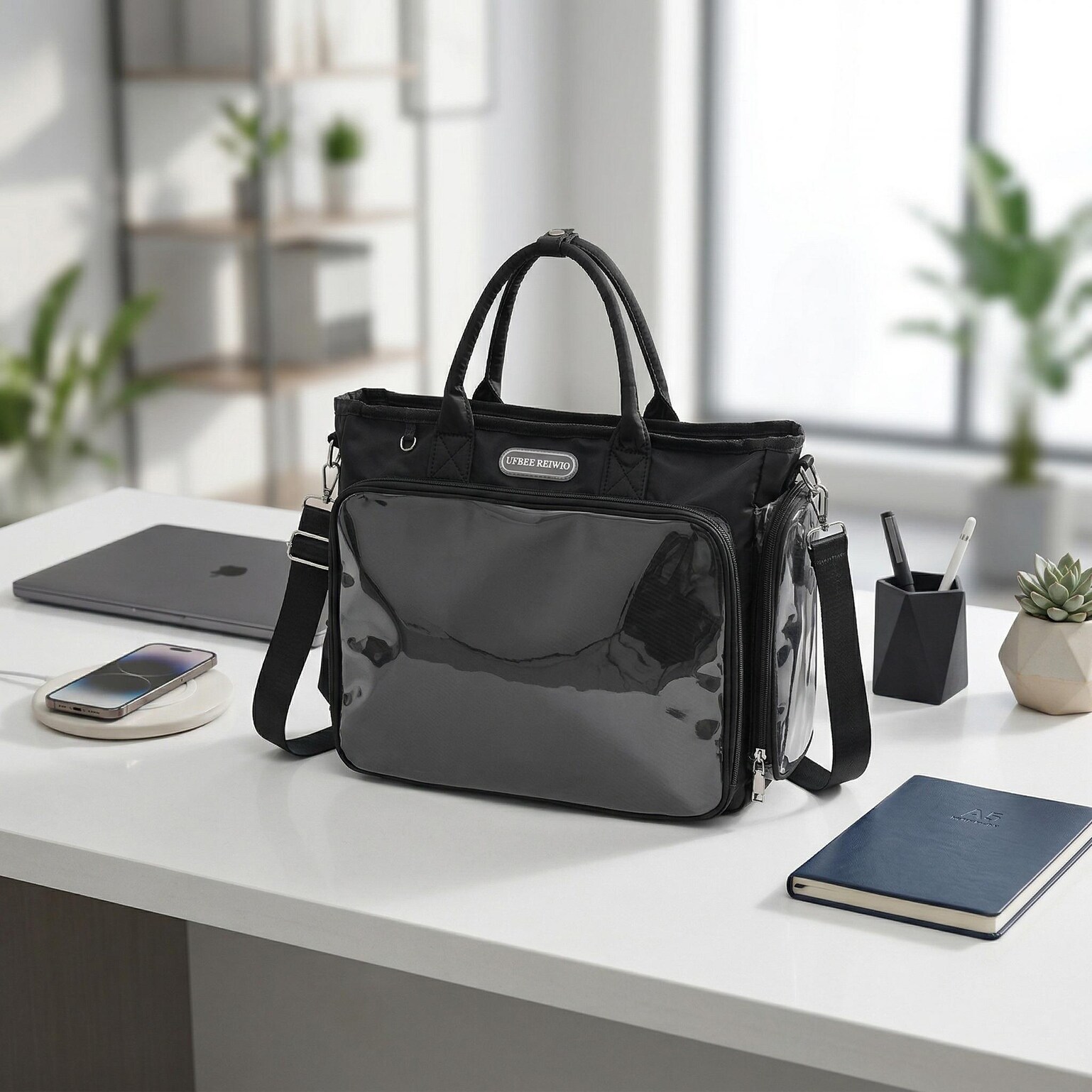 Large Black Convertible Ita Bag with Clear Window for Plushies and Pins Large Black Convertible Ita Bag with Clear Window for Plushies and Pins — ita bag detail view