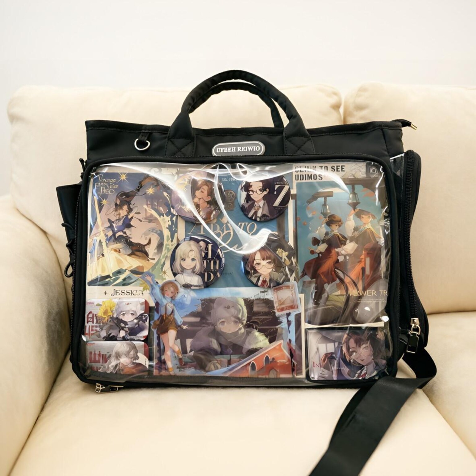 Large Black Convertible Ita Bag with Clear Window for Plushies and Pins Large Black Convertible Ita Bag with Clear Window for Plushies and Pins — ita bag detail view