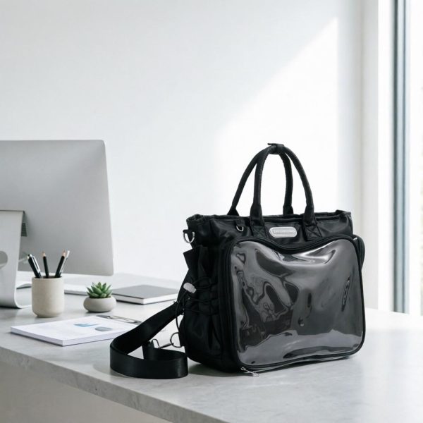 Large Black Convertible Ita Bag with Clear Window for Plushies and Pins — ita bag detail view